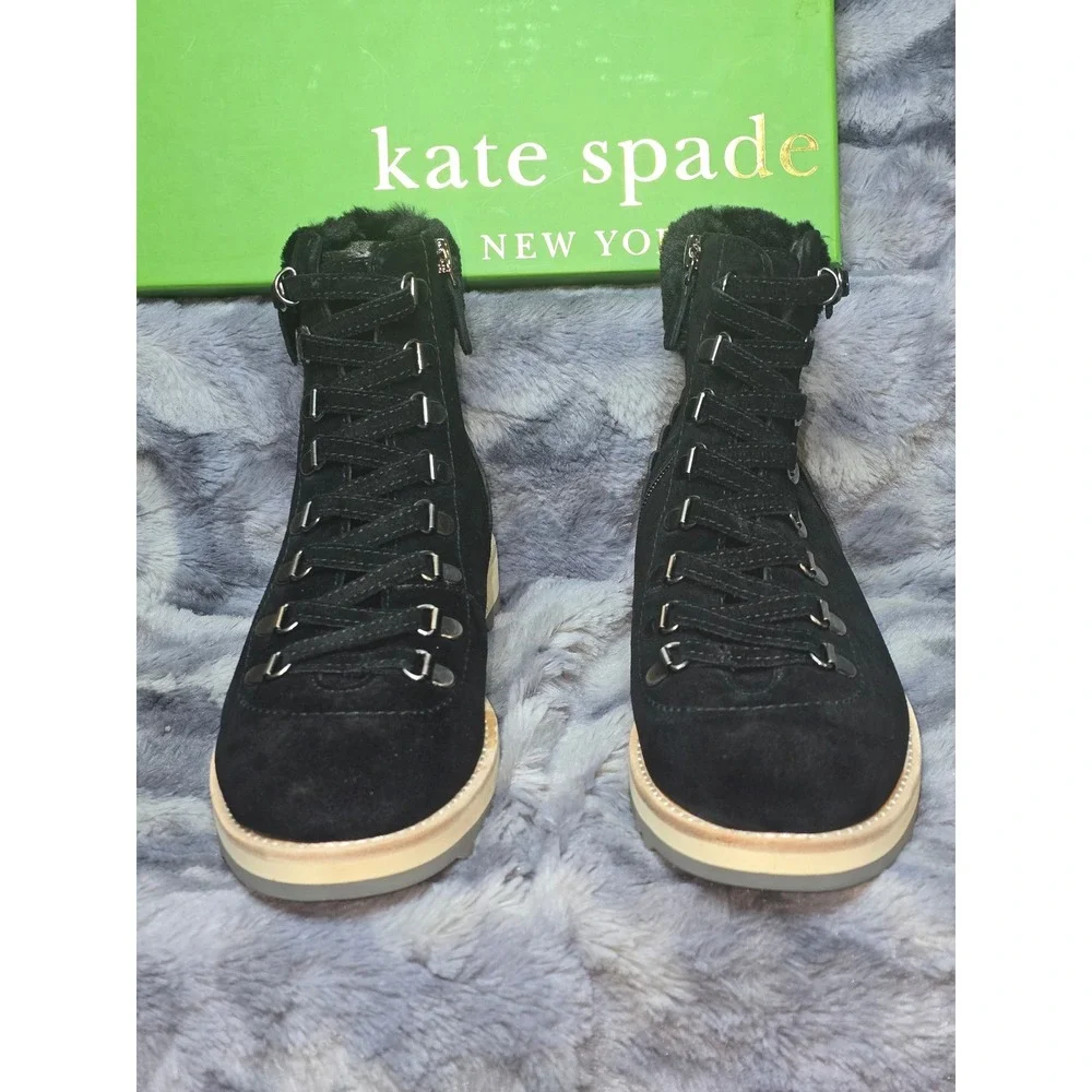 NWB Kate Spade Maira‎ Black Suede Fur Lined Lace Up Hiking Boots Women Size 8